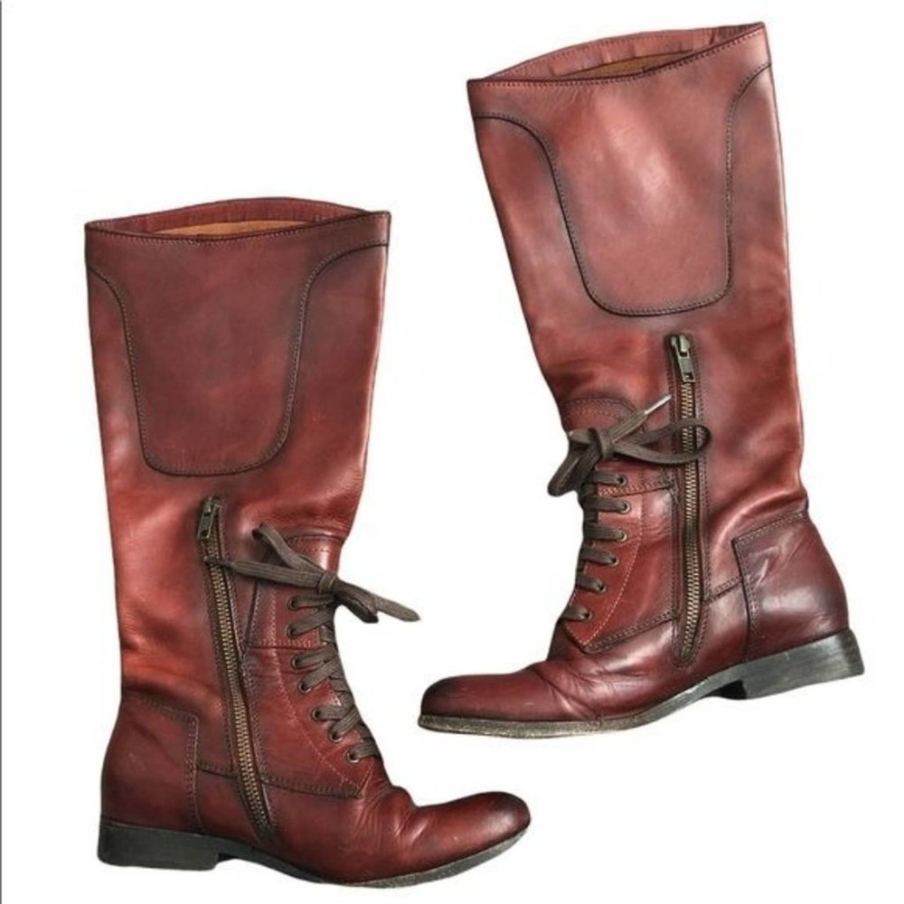 FRYE Melissa Lace Up Zip Up Cognac Leather Riding Boots Size 5.5